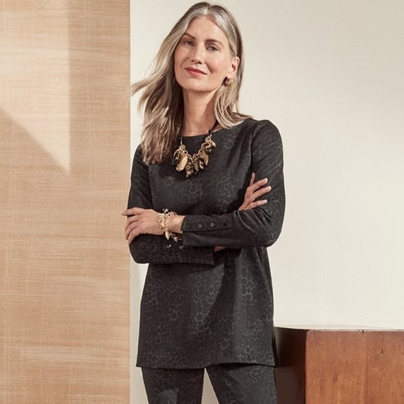 Chico's Tops - Chico's 2 Gray Black Leopard Print Pointe Knit Stretch Tunic Top Large L 12